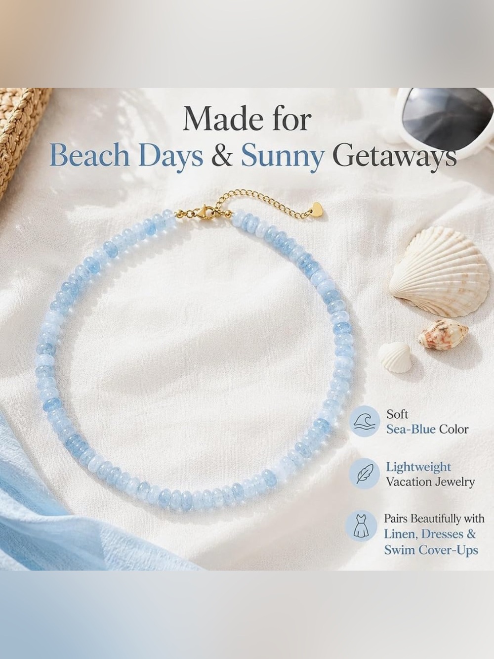 Natural Gemstone Light Blue Beaded Necklace - Picture 3 of 4